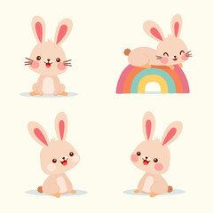 Set of bunny rabbit cartoons and foot prints icon set on pink background vector.	