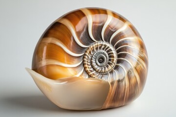 A beautifully polished shell of the chambered nautilus, showcasing its intricate patterns and smooth surface.
