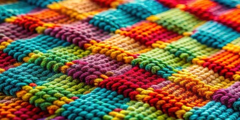 A vibrant tapestry of multicolored yarn, showcasing a close-up view of intricate knitwork with a rich texture and diverse color palette