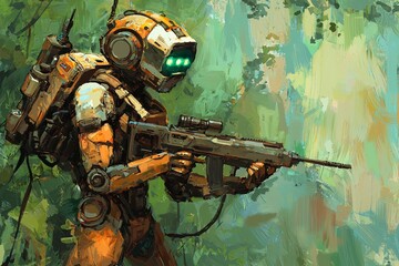 Fototapeta premium In the heart of a jungle on an extraterrestrial planet, a soldier dons futuristic military equipment to explore the forest, a scenario made possible by Generative Ai