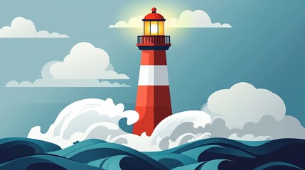 A vector-style lighthouse with red and white stripes, a glowing light at the top, and waves crashing around its base.
