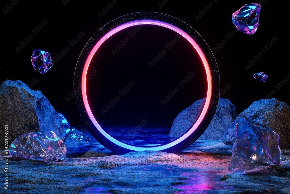 Poster the scene features a background with abstract elements, including space and cosmic portals, illumina