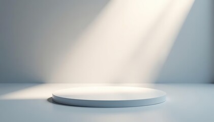 Product showcase spotlight on foggy background with soft and fuzzy infinite white floor, light scene for modern clean minimalist design, widescreen high resolution,  clean,  spotlight