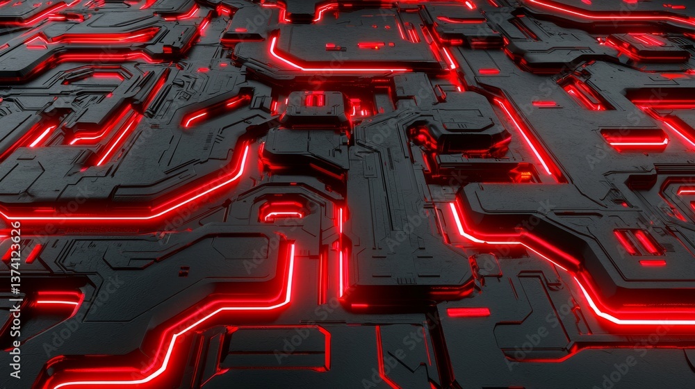 Poster red and pink geometric lines merge to form a futuristic grid that illustrates a technical computing 