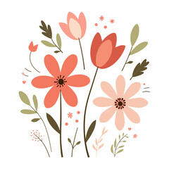 Abstract flowers, top view. Spring flora. Flat vector illustration on white background