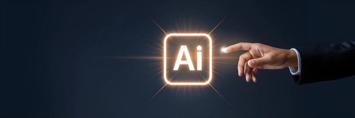 A hand points to a glowing AI icon, signifying the future of technology. 
