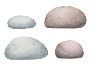 Painted stones watercolor illustration in soft gray, blue, and pink tones. Great for nature-inspired artwork, landscape compositions, childrens stories, and rustic decor designs