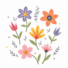 Flower set. Spring colorful flowers collection. Daisy chamomile, daffodil, sun flower, chrysanthemum gerbera. Growing concept. Fresh blooming elements. Flat design. Isolated White background. Vector