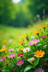Obraz premium Vibrant array of wildflowers blooming on lush green meadow, spring, scenery