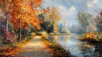 Enchanting Fairytale Autumn Landscape: Impressionism Scene for Artistic Projects