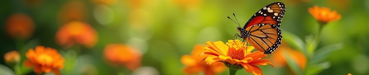Fototapeta premium Vibrant Australian butterfly perched delicately on a colorful flower in a bright, sunlit garden, wildlife, pollination