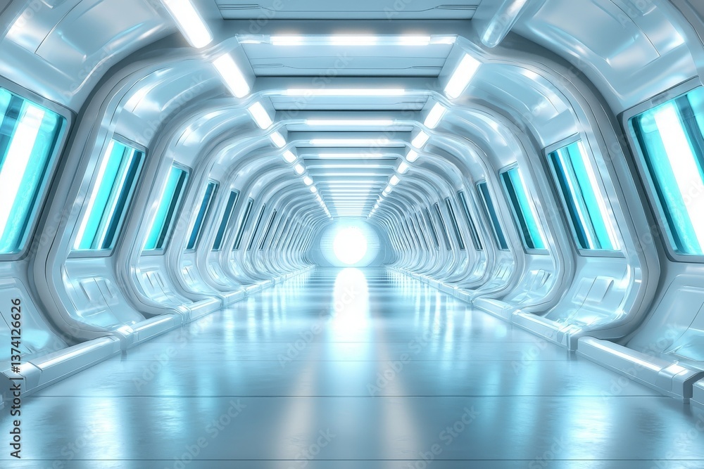Poster a stunning design featuring a sci-fi corridor within a space ship or futuristic structure, complete 
