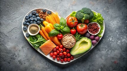 Flat lay of heart-healthy foods on a grey background, featuring a balanced plate of nutritious ingredients