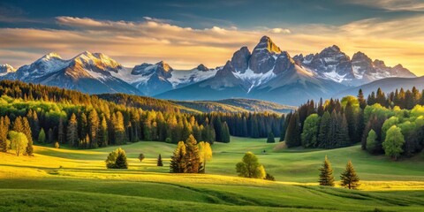 Serene Mountain Valley at Sunrise Lush Green Meadows, Coniferous Forest, and Majestic Snow-Capped Peaks