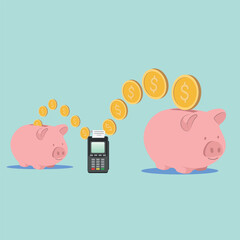 Vector illustration accumulation of money, payment terminal, payment. Piggy bank, cash gold dollars