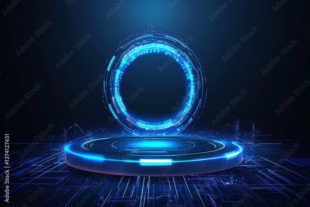 Poster a futuristic hologram and laser lines complement an abstract fantasy portal aglow with neon light, s
