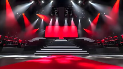 Modern Stage Setup with Dramatic Red Lighting and Elevated Platforms for Entertainment Events