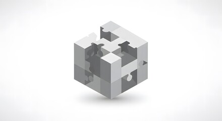 Illustrate a vector logo where a 3D cube is divided into smaller cubic sections, resembling a puzzle. Use alternating colors (e.g., white and light gray) to highlight the segmented structure. Add soft