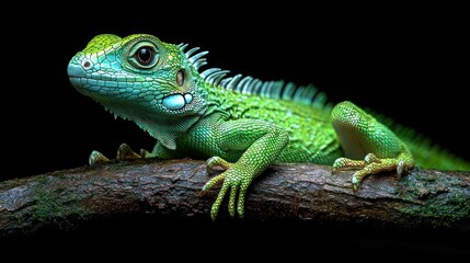 Obraz premium Vibrant Green Lizard on Branch, Dark Background
