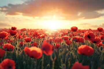 Beautiful poppy field at sunset landscape poppies flowers.