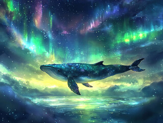 Naklejka premium A flying whale swims through the Northern Lights, shimmering colors reflecting on its skin, painted in an enchanting watercolor style with rich blues and greens, creating a mystical and surreal atmosp