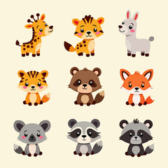 Cute baby safari animal faces vector illustration. The set includes, Baby Animal Faces Set