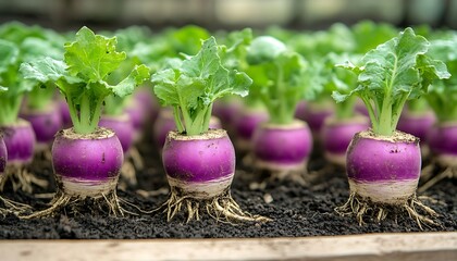 Purple turnips growing in greenhouse.