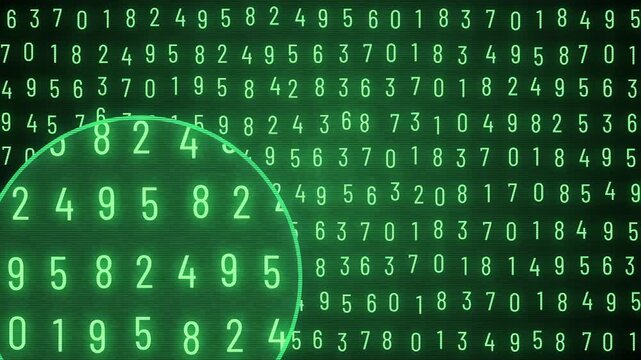 A glitchy green computer screen playback view examining moving numbers zooming in and out. Data refinement concept. The numbers are important and mysterious.	