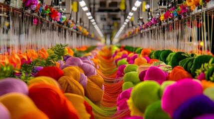 Naklejka premium Vibrant Display of Colorful Yarn Hanks in Textiles Workshop with Floral Decor and Bright Lighting