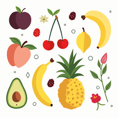 Fruit doodles. Natural fruits set. Pomegranate, lemon, peach, pineapple, pear, apple, banana, strawberry isolated background. Hand drawn, organic fruits. Modern colorful trendy vector illustration.
