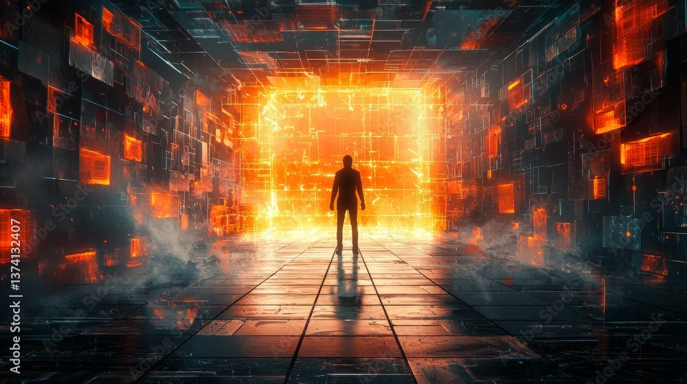 Poster a person is depicted standing in front of a futuristic passageway that glows, surrounded by geometri