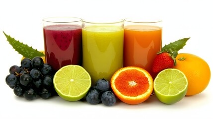 Variety of Fresh Fruit Juices with Mixed Berries and Citrus Fruits on a Bright Background