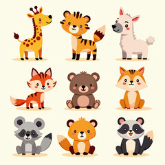 Fototapeta premium Cute baby safari animal faces vector illustration. The set includes, Baby Animal Faces Set