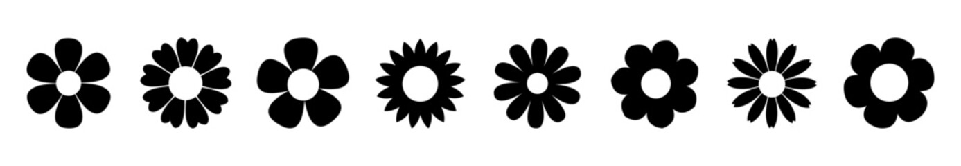 Black Daisy Chamomile silhouette icon set line. Simple different shape. Camomile set. Cute flower plant collection. Love card symbol. Growing concept. Flat design. Isolated. White background. Vector