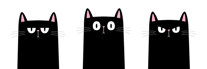 Black cat kitten kitty set. Cute kawaii cartoon character. Sad, angry, surprised emotion. Happy Halloween. Greeting card, banner, tshirt, sticker print. White background. Flat design Vector