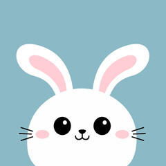 White rabbit bunny hare face head silhouette. Pink cheeks, ears. Kawaii cute cartoon funny baby character. Valentines Day. Happy Easter. Greeting card. Blue background. Flat design. Vector