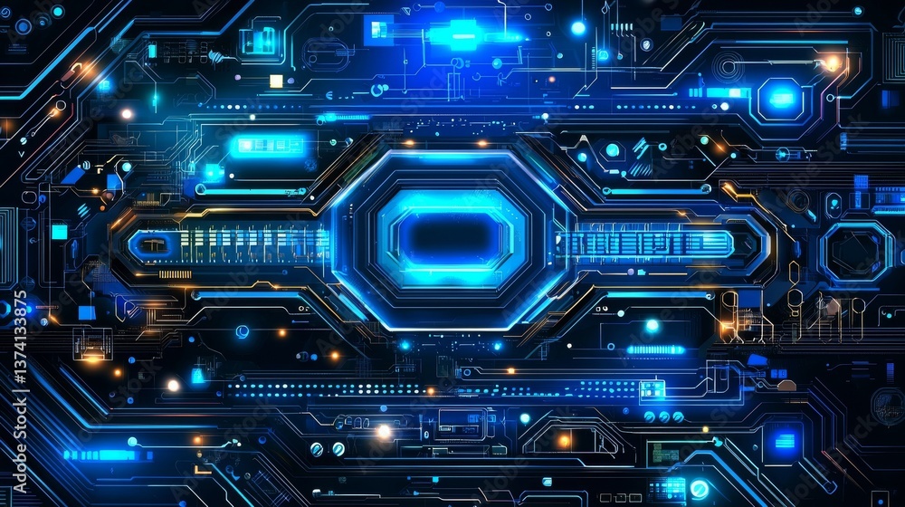 Aufkleber an abstract digital graphic concept of futuristic technology features a blue square and line technol