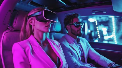 This Stock image shows a futuristic car interior where a woman is wearing a virtual reality headset