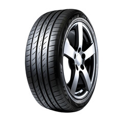 Obraz premium Black car tire isolated on white background – Automotive parts and accessories