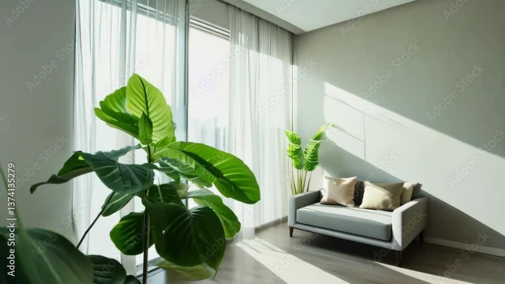 Poster a large plant sits in front of a window in a room with a couch and pillows. the couch is on the righ