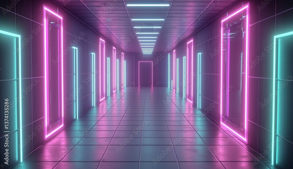 Poster a futuristic sci-fi setting featuring neon lights and dynamic tunnel motion patterns with reflective