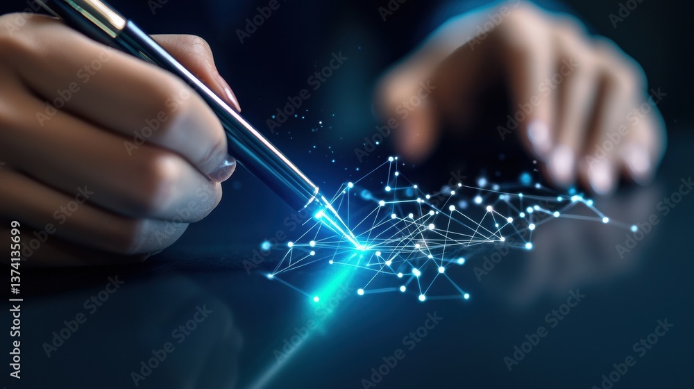 Poster a hand with a pen creates a glowing network of lines and nodes, symbolizing innovation and technolog