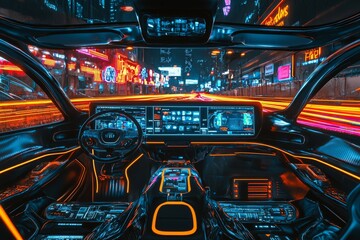 Concept for a futuristic car dashboard that is autonomous, featuring a heads-up display, holographic screens, and an infotainment system