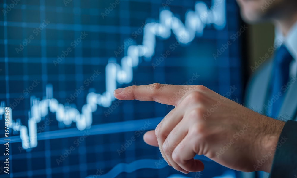 Poster business professional analyzing stock market trends with digital touchscreen graph display and data 