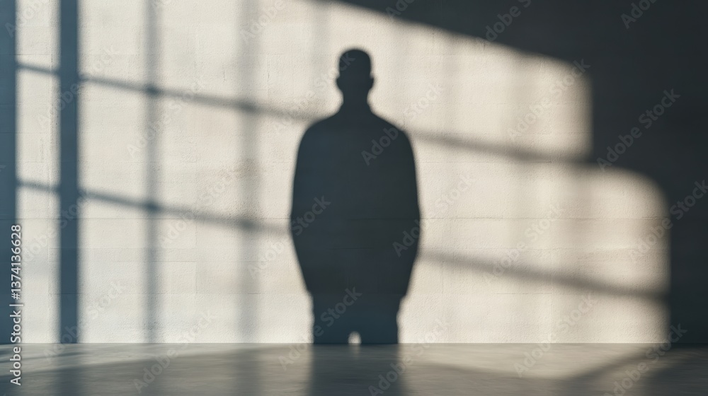 Poster a shadowy figure stands against a wall, illuminated by light streaming through windows, creating a d