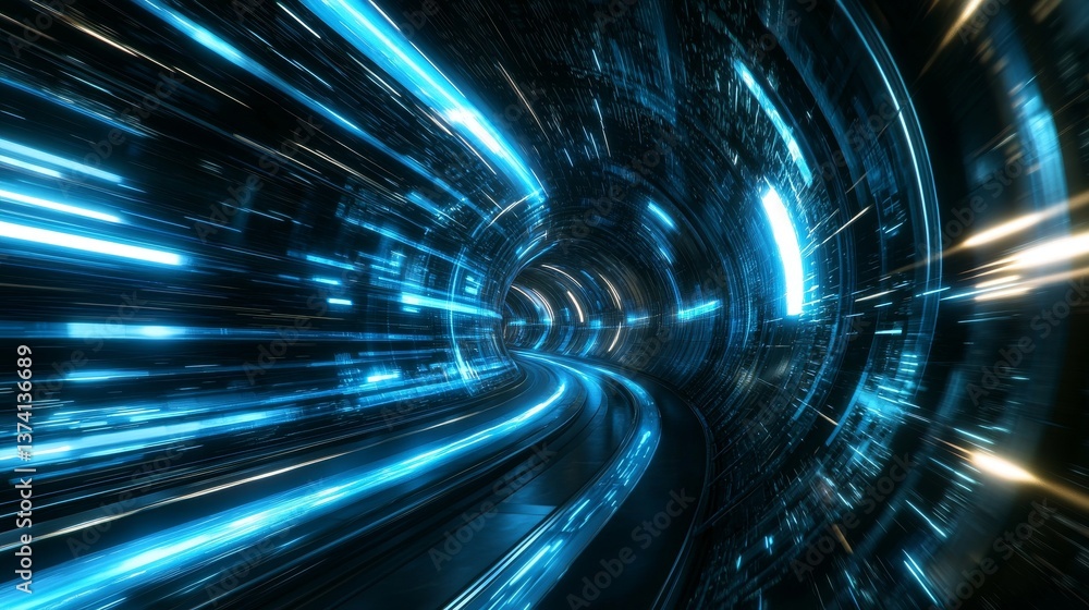 Poster an abstract background of blue glowing futuristic technology is framed in a sci-fi setting, incorpor