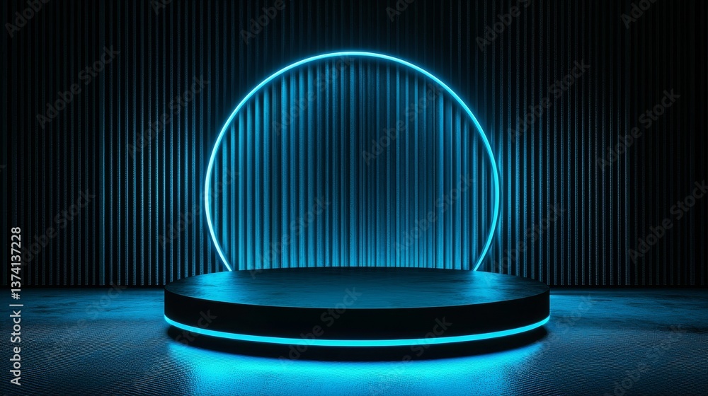Poster the background podium, centrally positioned and illuminated by neon lights, features a futuristic co