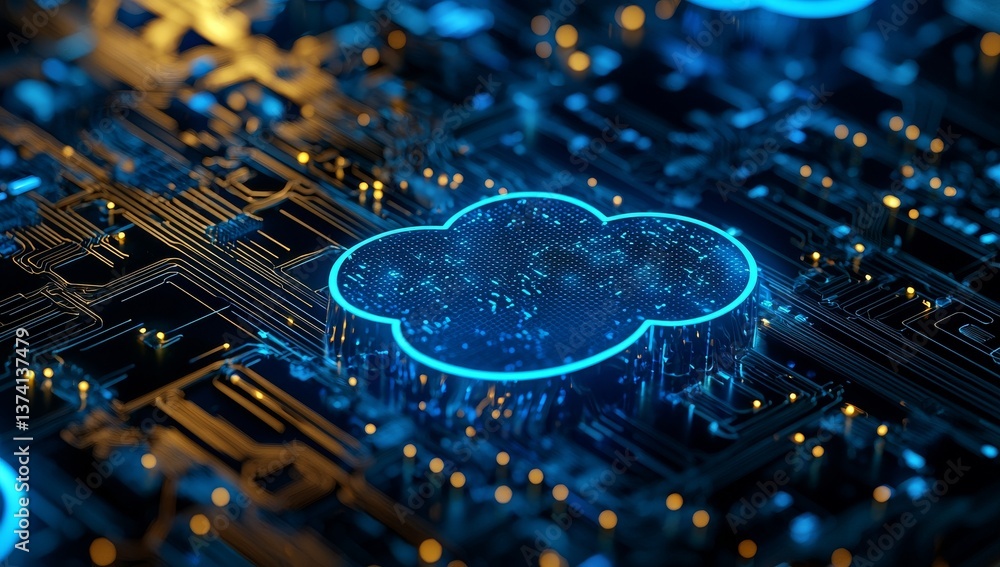 Poster the concept of cloud computing is illustrated through the flow of digital data, incorporating digita