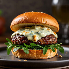 hamburger on a wooden table