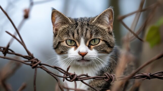 A tabby cat peers through a barbed wire fence, its gaze intense and focused, creating a poignant scene. - Powered by Adobe
